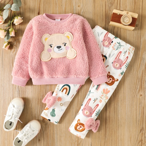 Toddler Girl 2pcs Bear Style Embroidered Fleece Sweatshirt and Bow Design Leggings Set