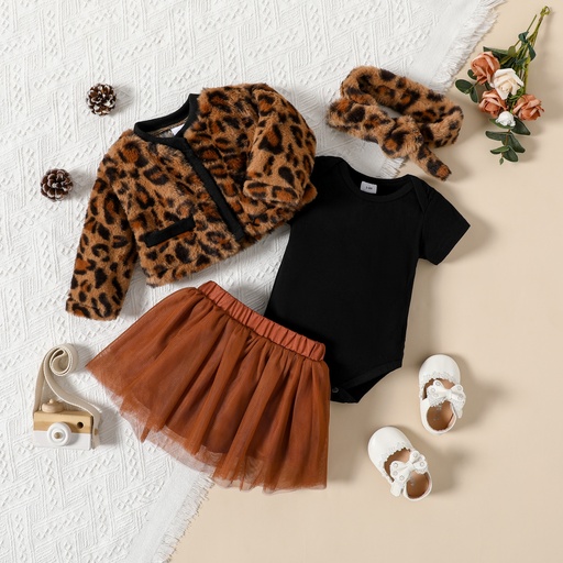 [WCL13-20169343] 4pcs Baby Thickened Fleece Long-sleeve Leopard Outwear and Mesh Tutu Skirt with Romper Set