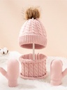 3-pack Baby / Toddler Pompon Decor Pure Color Cable Knit Beanie Hat and Scarf and Mittens Set