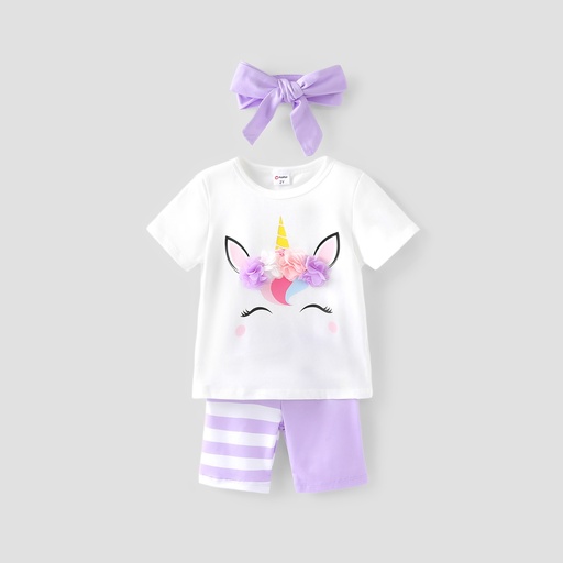 Toddler Girl 3pcs Unicorn Print Tee and Shorts and Headband Set