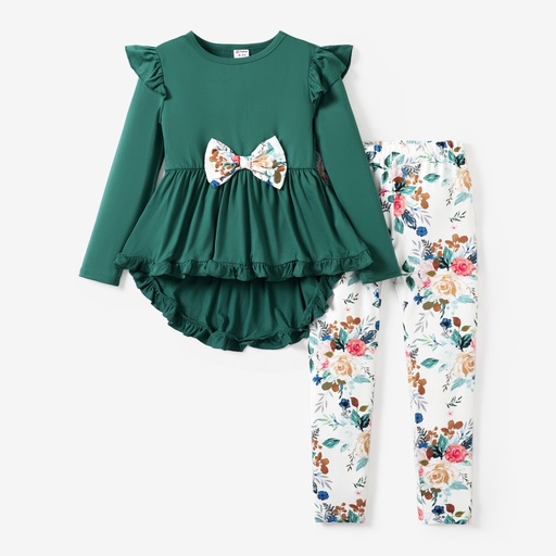 2-piece Kid Girl Bowknot Ruffled Long-sleeves Tee and Flower Allover Print Pants