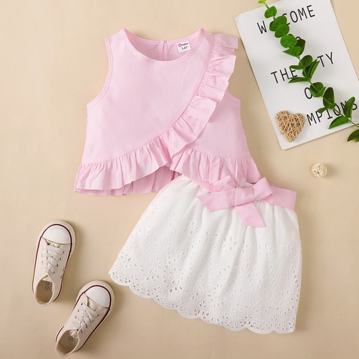 [SCL15-20626431] Trendy Toddler Girl Stripe Print Bowknot Ruffle Flounce Set