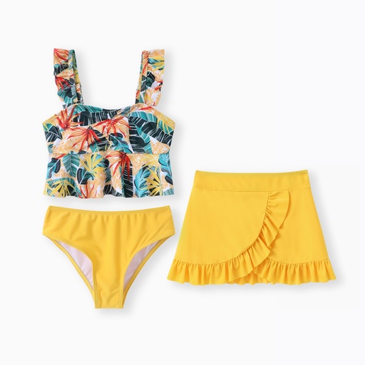 3pcs Kid Girl Floral Print Ruffled Swimsuit