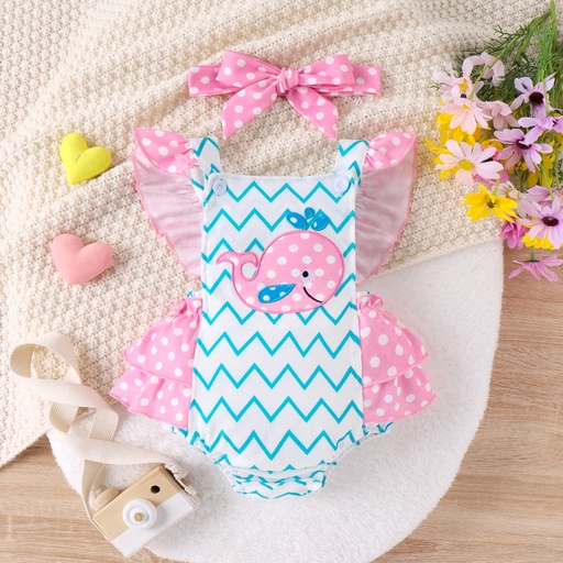 [SCL15-20913441] Baby Whale Print Ruffle Romper