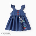 Baby Girl Cooling Denim Rabbit Print Flutter-sleeve Button Dress
