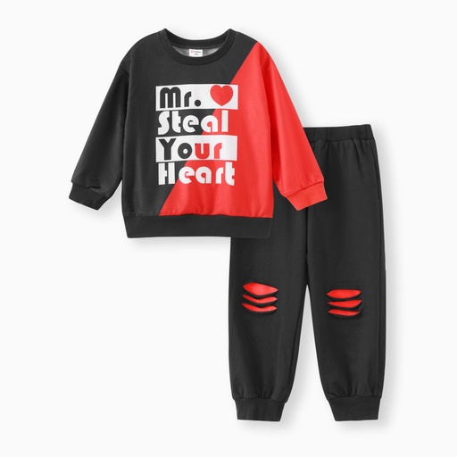 [SCL15-20554797] 2pcs Toddler Boy Letter Print Colorblock Sweatshirt and Ripped Pants Set