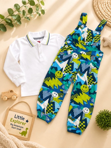 Colorful Smiley Dinosaur Baby Overalls & Polo Set