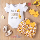 Patpat-(1nb12-19785737)3pcs Baby Girl Cartoon Giraffe Letter Print Ruffle Short-sleeve Romper and Bowknot Shorts with Headband Set