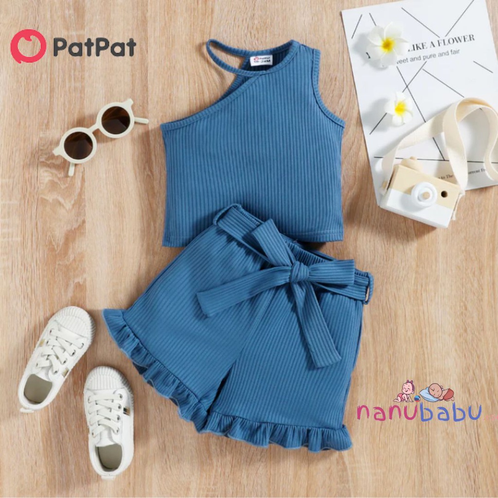 Patpat-(1nb12-20391054)2pcs Toddler Girl One Shoulder Ribbed Blue Tank Top and Ruffled Belted Shorts Set