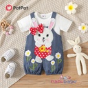 Patpat-(1nb12-20366727)2pcs Baby Girl 100% Cotton Rabbit Graphic Denim Overalls Shorts and Solid Short-sleeve Tee Set
