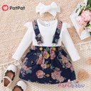 Patpat-3pcs Baby Boy/Girl 100% Cotton Floral Print Denim Suspender Skirt and Solid Ruffle Long-sleeve Ribbed Romper with Headband Set - 3nb17 - 2054893