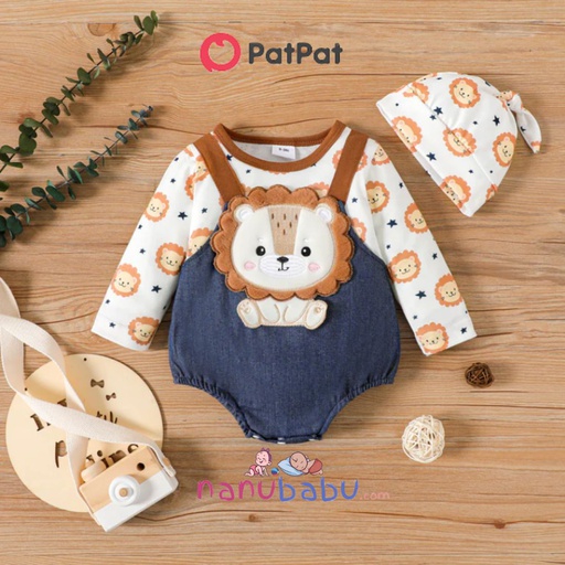 Patpat-(1nb12-20539750)Baby Boy/Girl Lion Print Long-sleeve Faux-two Imitation Denim Romper & Hat Set