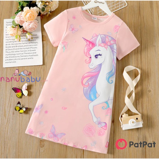 Patpat-(2nb8-20388152)Kid Girl Unicorn Print Short-sleeve Light Pink Dress