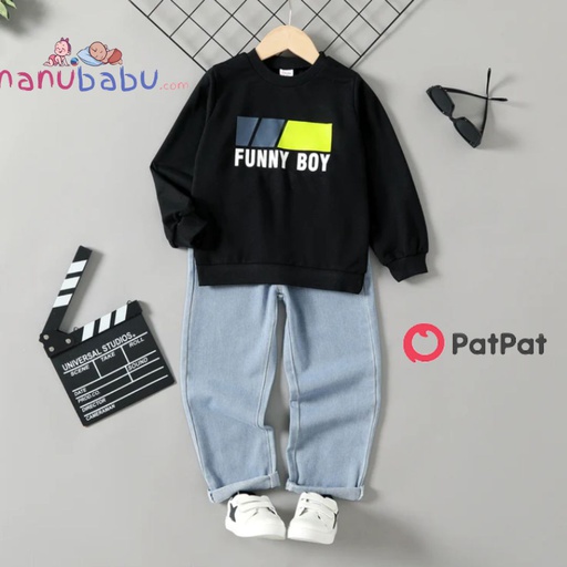 Patpat-(2nb6-20521197)2pcs Kid Boy Letter Print Black Sweatshirt and Elasticized Denim Jeans Set