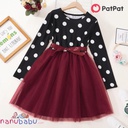 Patpat-(2nb9-20490281)Kid Girl Polka dots Stitching Bowknot Design Long-sleeve Mesh Dress