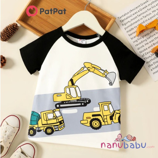 Patpat-(2nb2-20317342)Toddler Boy Vehicle Print Colorblock Short-sleeve Tee