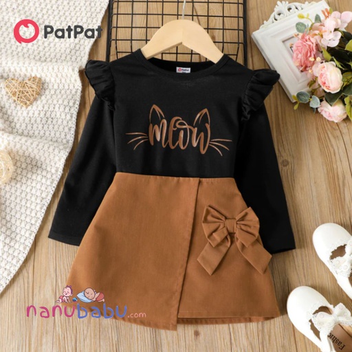 Patpat-(2nb2-20496746)2pcs Toddler Girl Kitty Print Long-sleeve Ruffled Black Tee and Bowknot Design Shorts Set