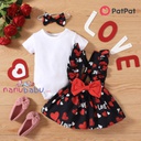 Patpat-(2nb6-20583912)Valentine's Day 3pcs Baby Girl Allover Heart & Letter Print Ruffle Trim Suspender Skirt and Solid Short-sleeve Romper with Headband Set