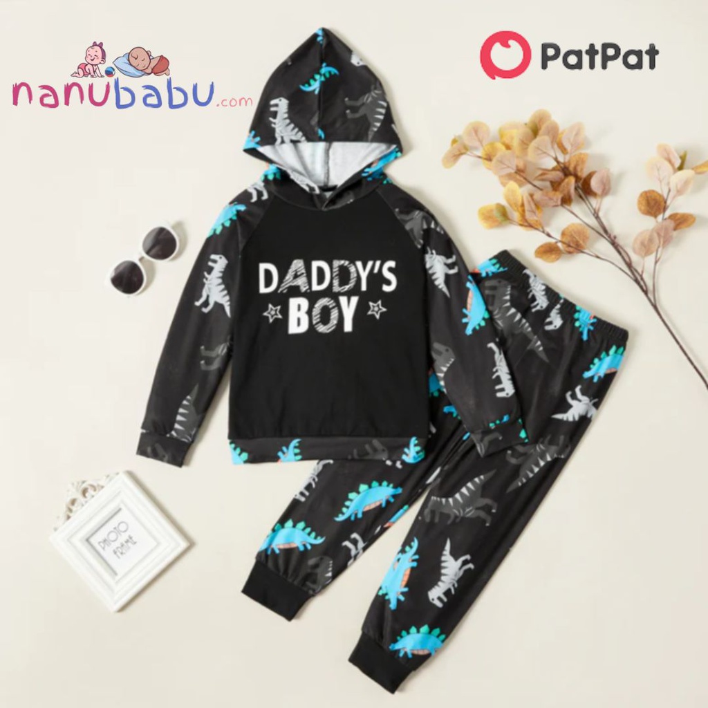 Patpat-(2nb5-19622446)2-piece Kid Boy Dinosaur Letter Allover Print Hooded Sweatshirt and Pants Set