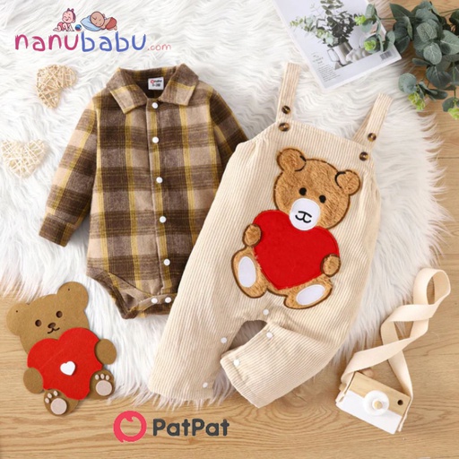 Patpat-(2nb7-20515998)2pcs Baby Boy Long-sleeve Plaid Romper and Bear Embroidered Corduroy Overalls Set