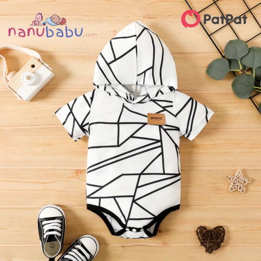 Patpat-(2nb1-559260)Baby Boy/Girl Badge Detail Allover Geo Print Hooded Short-sleeve Romper