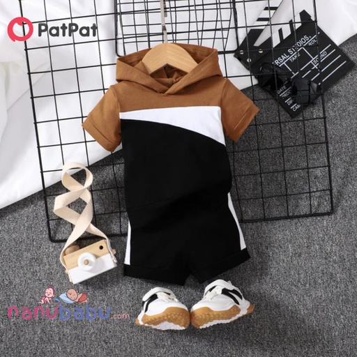 Patpat-(2nb2-20583057)2pcs Baby Boy 95% Cotton Hooded Short-sleeve Colorblock Top & Shorts Set