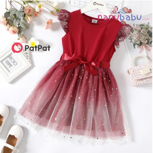 Patpat-(2nb8-20580106)Kid Girl Glitter Star Design Mesh Splice Flutter-sleeve Belted Dress