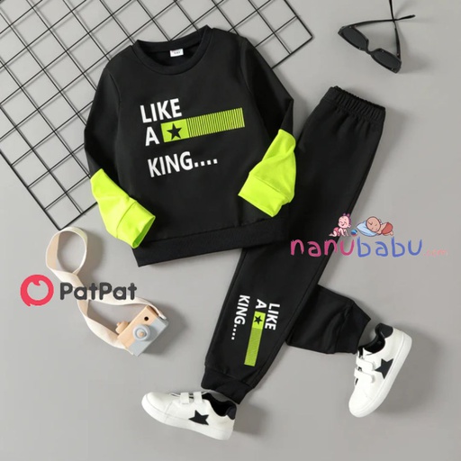 Patpat-(2nb4-20531087)2pcs Kid Boy Letter Print Splice Sweatshirt and Elasticized Pants Set