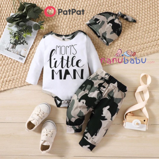Patpat-(2nb1-20580278)-3pcs Baby Boy Letter Print Long-sleeve Romper and Camouflage Pants & Hat Set