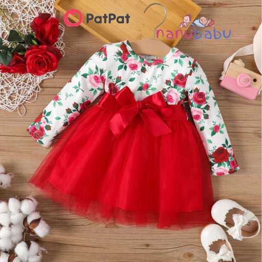 Patpat-(2nb6-20490281)Baby Girl Allover Rose Floral Print Long-sleeve Spliced Bow Front Mesh Dress