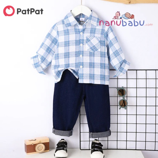Patpat-(2nb4-20567776)2pcs Toddler Boy Trendy Denim Jeans and Lapel Collar Plaid Shirt Set