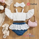 Patpat-(2nb3-20564167)3pcs Baby Girl 100% Cotton Floral Applique Cold Shoulder Butterfly Sleeve Crop Top and Ruffle Trim Denim Shorts & Headband Set