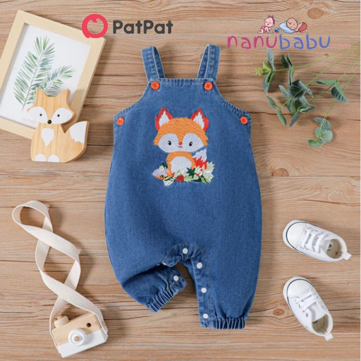 Patpat-(2nb8-20546465)Baby Boy/Girl Fox Embroidered Denim Overalls