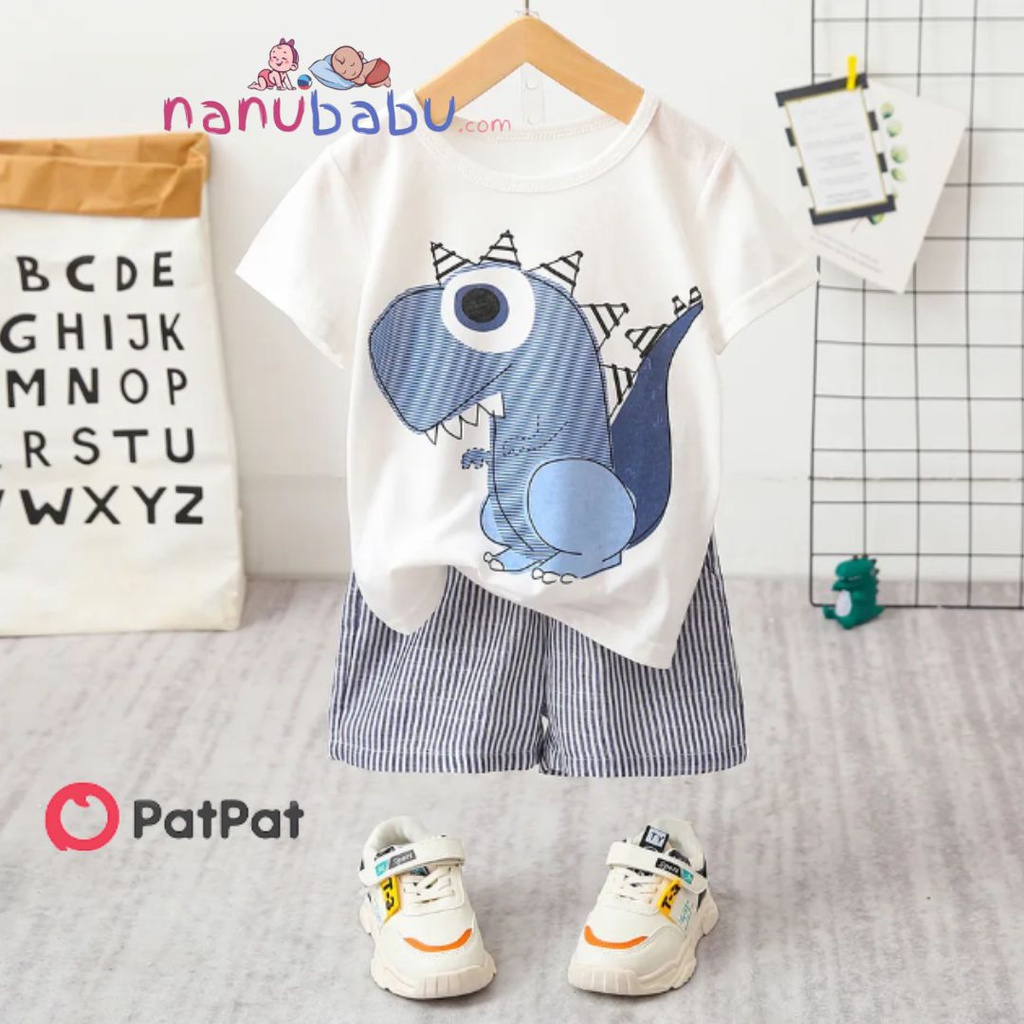 Patpat-(2nb4-534846)2pcs Toddler Boy Playful Dinosaur Print Tee & Stripe Shorts Set