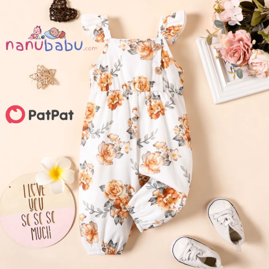 Patpat-(nb16-20254408)Baby Girl 100% Cotton Solid/Striped/Floral-print Sleeveless Ruffle Jumpsuit