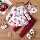 Patpat-(2nb3-547755)3pcs Baby Girl 95% Cotton Leggings and Allover Floral Print Ruffle Hem Long-sleeve Top with Drawstring Bag Set
