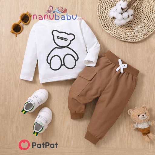 Patpat-(2nb3-561792)2pcs Baby Boy 100% Cotton Solid Pants and Long-sleeve Graphic Tee Set