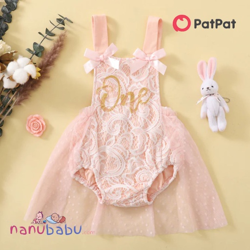 Patpat-(2nb2-494938)Baby Pink Floral Lace and Mesh Splicing Sleeveless Letter Romper Party Dress