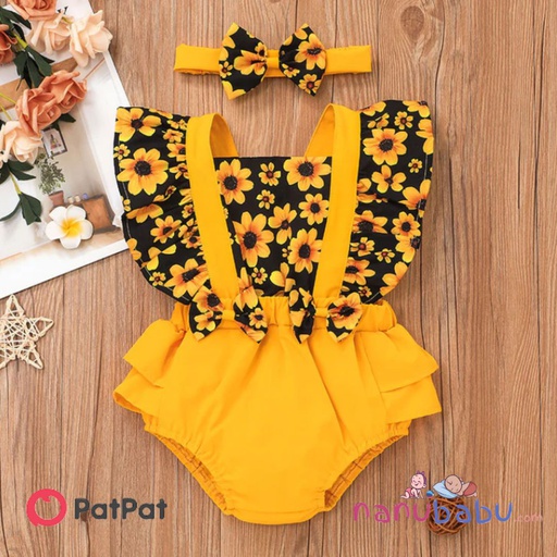 Patpat-(2nb1-20308027)2pcs Baby Girl Sunflower Floral Print Splice Yellow Layered Sleeveless Ruffle Romper with Headband Set