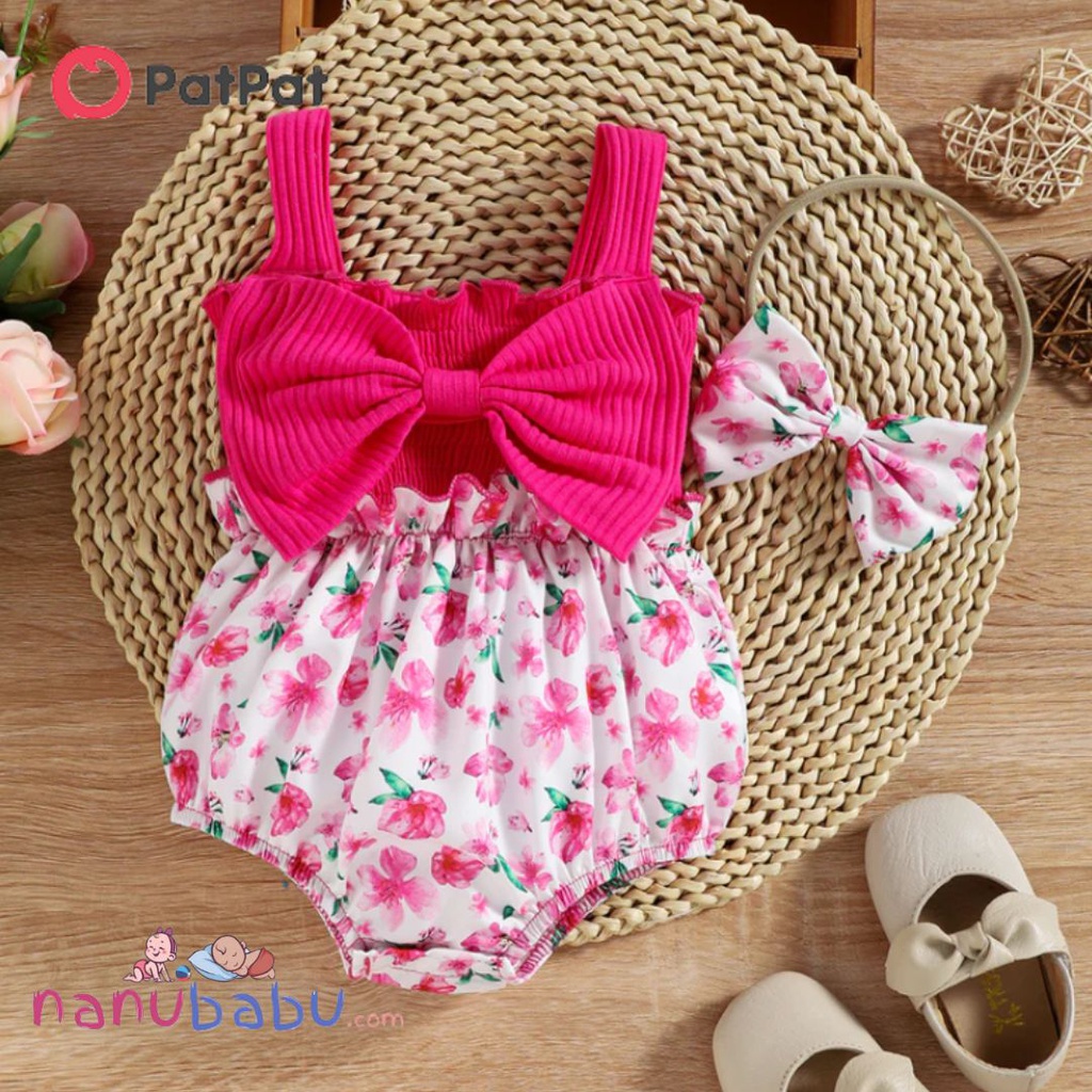 Patpat-(2nb1-20356548)2pcs Baby Girl 95% Cotton Ribbed Bowknot Splicing Floral Print Sleeveless Romper with Headband Set