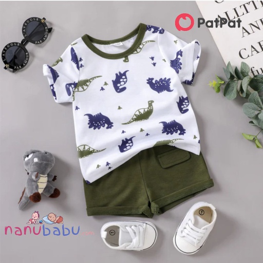Patpat-(2nb4-20406463)2pcs Baby Boy All Over Dinosaur Print Short-sleeve Tee and Solid Shorts Set