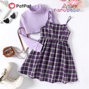 Patpat-(2nb4-20526101)2pcs Kid Girl Plaid Cotton Slip Dress and Turtleneck Ribbed Crop Tee Set