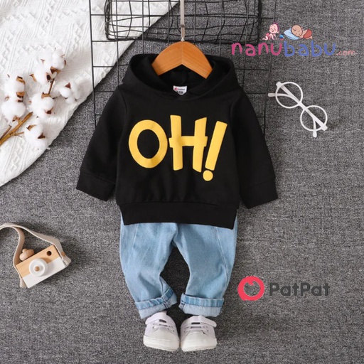 Patpat-(2nb4-20506105)2pcs Baby Boy/Girl Letter Embroidered Long-sleeve Hoodie and Jeans Set