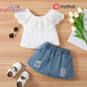Patpat-(2nb3-20564169)2pcs Toddler Girl Sweet Cotton Ripped Denim Skirt and Off Shoulder Tee Set