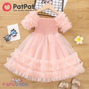 Patpat-(2nb2-20528964)Toddler Girl Sweet Square Neck Smocked Mesh Gather Pink Dress