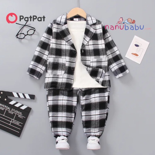 Patpat-(2nb8-20526102)2pcs Kid Boy Gentleman Suit, Plaid Blazer and Pants Party Set