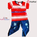 Patpat-(2nb9-20456540)2pcs Toddler Boy Trendy Ripped Denim Jeans and Letter Print Stripe Tee Set
