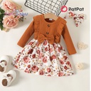 2pcs Baby 95% Cotton Ribbed Long-sleeve Ruffle Bowknot Splicing Floral Print Dress with Headband Set-3nb13-20194560