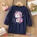 Patpat-Toddler Girl Unicorn Print Mesh Design Long-sleeve Sweatshirt Dress