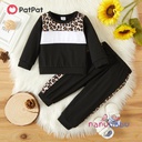 Patpat-2pcs Baby Girl Leopard Splicing Color Block Long-sleeve Sweatshirts and Trousers Set-3nb18-20098587